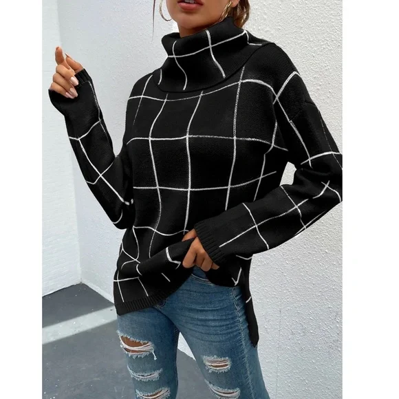 Black Grid Printed Long Sweater Plaid Pattern Split Sides Pullover Turtleneck - Picture 6 of 14
